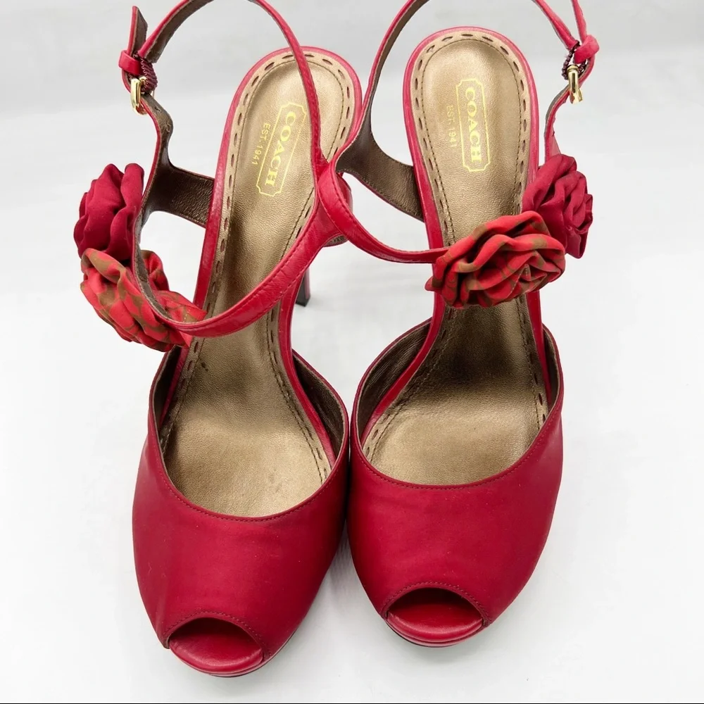 Coach Addysen Red Leather & Silk Rosette Heeled Peep Toe Shoes, Size 9.5B (Med)